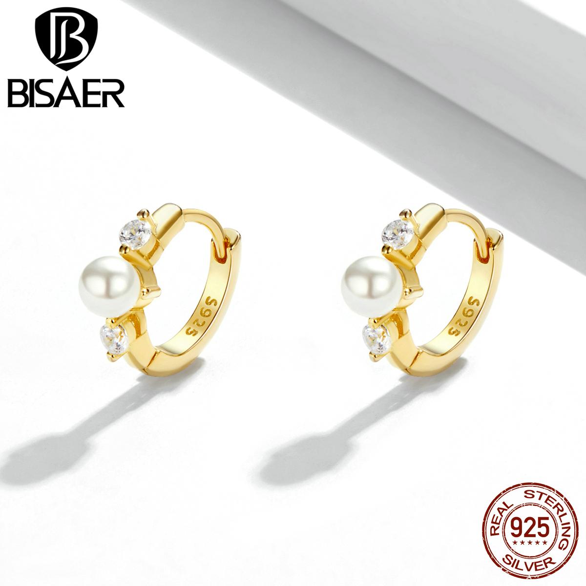 

BISAER стерлингового серебра 925 пробы изысканные очаровательные позолоченные серьги-капли с французским жемчугом и цирконом для женщин изящные ювелирные изделия B