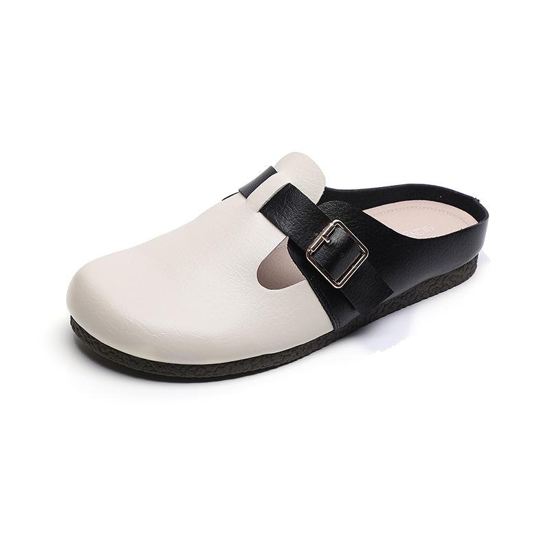 Koreanische Version der Retro-Slipper mit großem Kopf und flachem Boden, ein Fußhocker, Baotou-Halbsandalen-Slipper, weicher Boden, runde Spitze, Sandalenslipper für Damen