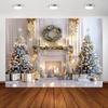 Winter Wonderland Christmas Backdrop Elegant White Fireplace Scene with Gift Tree Wreaths Party Decorations