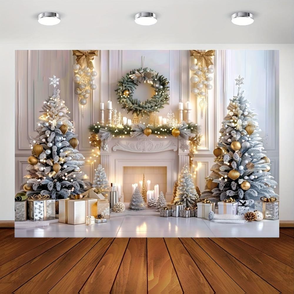 Winter Wonderland Christmas Backdrop Elegant White Fireplace Scene with Gift Tree Wreaths Party Decorations