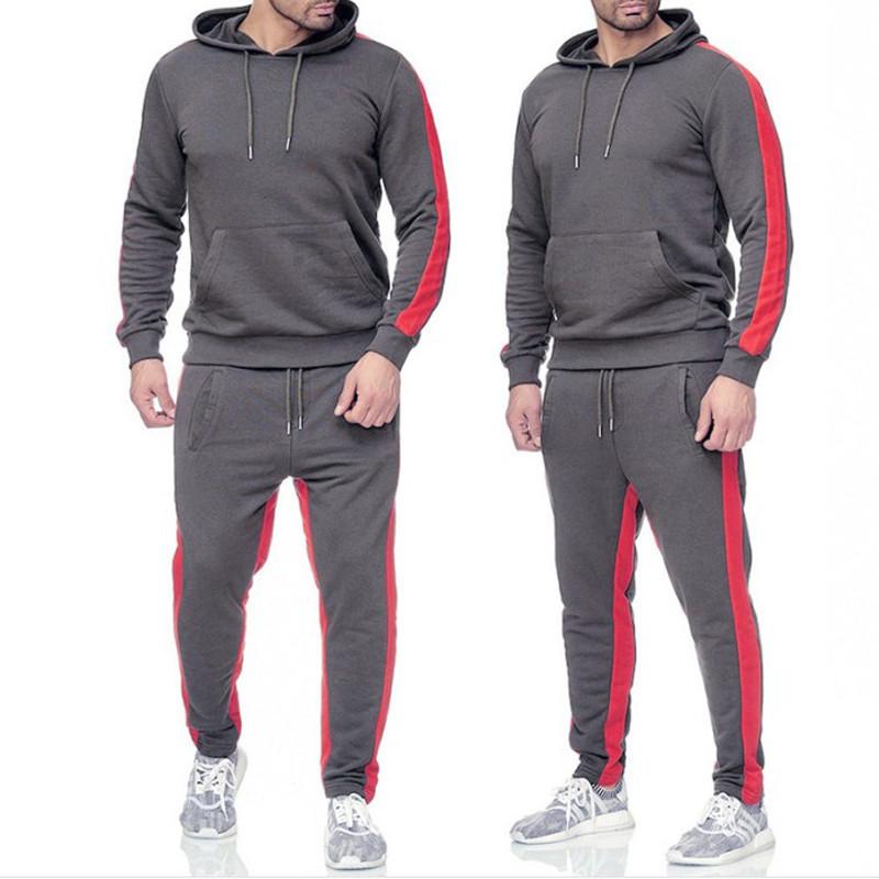 2 Pieces Sets Tracksuit Men Hooded Sweatshirt +Drawstring Pants Male Stripe Patchwork Hoodies