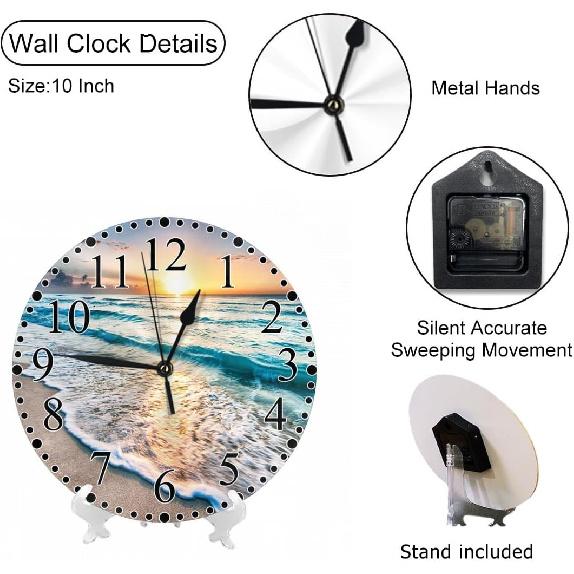 Seaside Wave Wall Clock 10 Inch Battery Operated Ocean Tropical Beach Sunset Dusk Blue Summer Hawaii Clock Silent Non-Ticking Modern Clocks