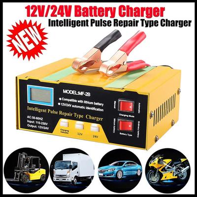 12 V/24 V Batterieladegerät, intelligentes Impulsreparaturladegerät mit digitaler Anzeige für Autozellen-Motorradbatterien, 5 Ladestufen