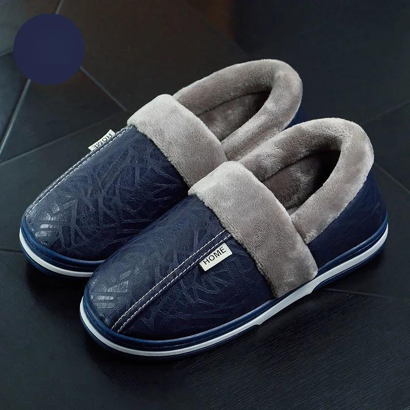 Men‘s Slippers Winter Indoor Women Warm Shoe Comfortable Waterproof PU Leather Slipper Couple Cotton Flat Shoes 2025 New