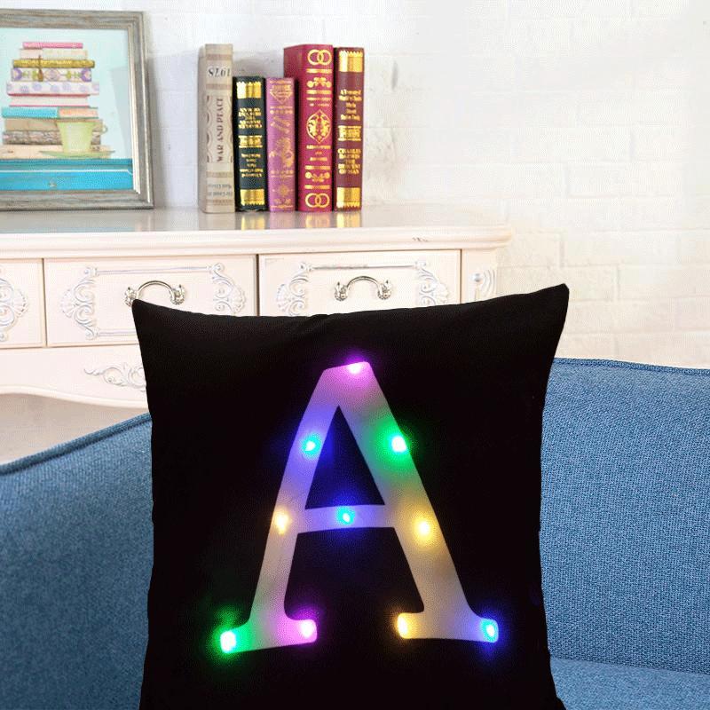 1pcs 4545cm Creative LED Colored Lights Pillow Cases Fashion 26 Letters A-Z Pillow Case Home Decorative Supplies 1260₽