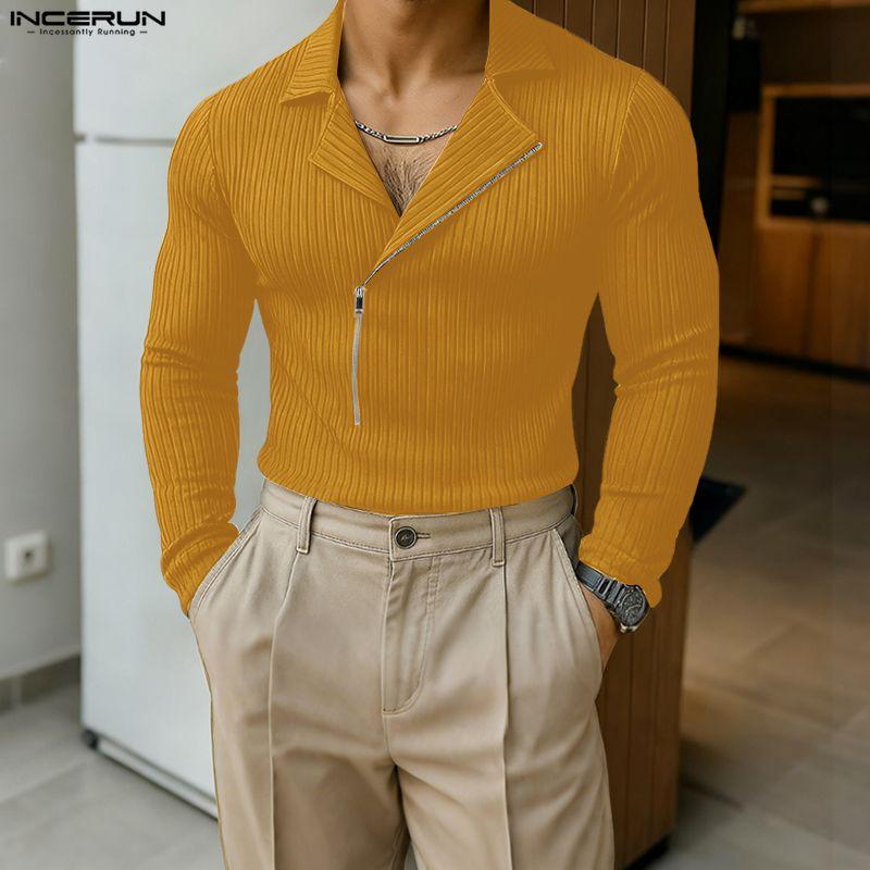 INCERUN Autumn Spring Men Zip-up Neck Long Sleeve Casual Rib Pullovers Tops