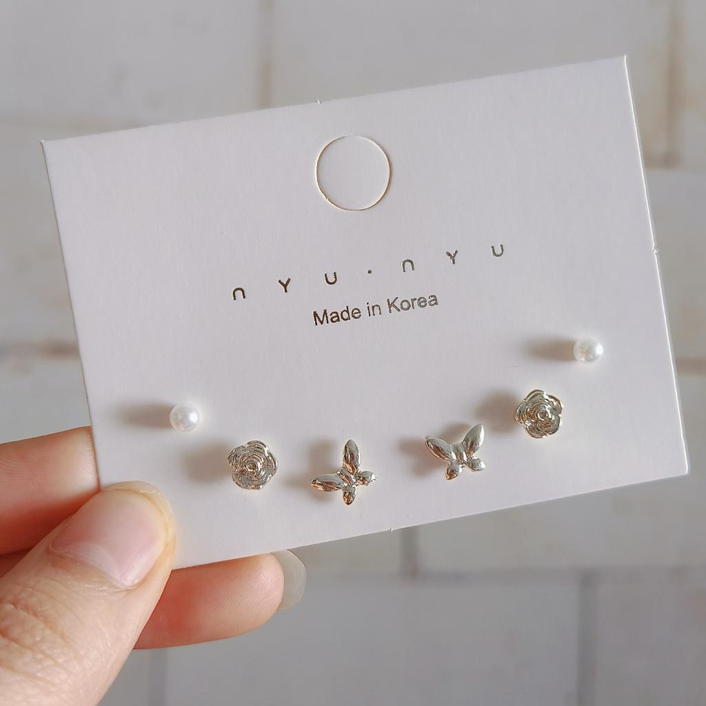 Niche Versatile Exquisite Small Butterfly Flower Geometric Suit Stud Earrings Female Tide Temperament Simple Daily Commute