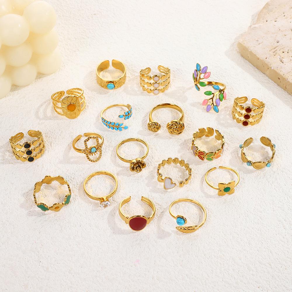 European Ethnic Colorful Stone Open Stainless Steel Drip Oil Turquoise Adjustable Ring