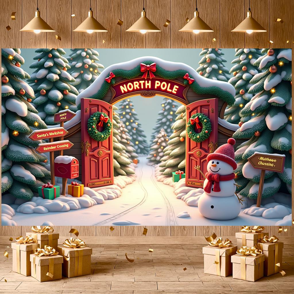 Holiday Celebration Background Holiday Archway Christmas Display North Pole Banner Snow-Covered Trees Winter Scene Display
