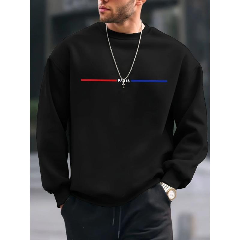 Men's Autumn Winter Fashionable Casual Loose Oversized Paris Printed Fleece Pullover Round Neck Long Sleeved Sweatshirt Pullovers & Long Sleeves Men’s