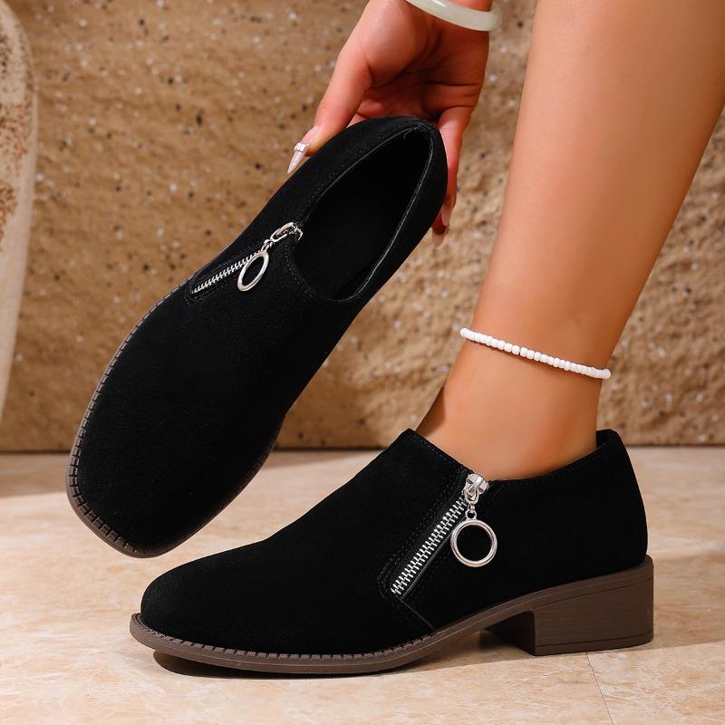 

Plus Size Single Shoes Autumn New Round Toe Deep Mouth Suede Side Zipper Non-Slip Wear-Resistant Block Heel Shoes 35 чорний