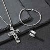 Vnox Men's Cross Hollow Pendant Necklaces Jewelry Set, Stainless Steel Necklace Rope Bracelet Open Size Ring Faith Prayer Set