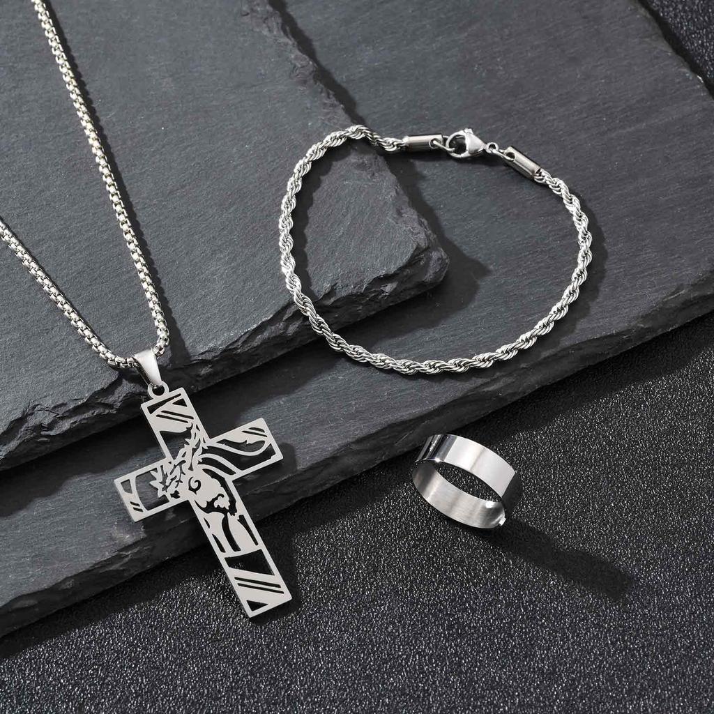 Vnox Men's Cross Hollow Pendant Necklaces Jewelry Set, Stainless Steel Necklace Rope Bracelet Open Size Ring Faith Prayer Set