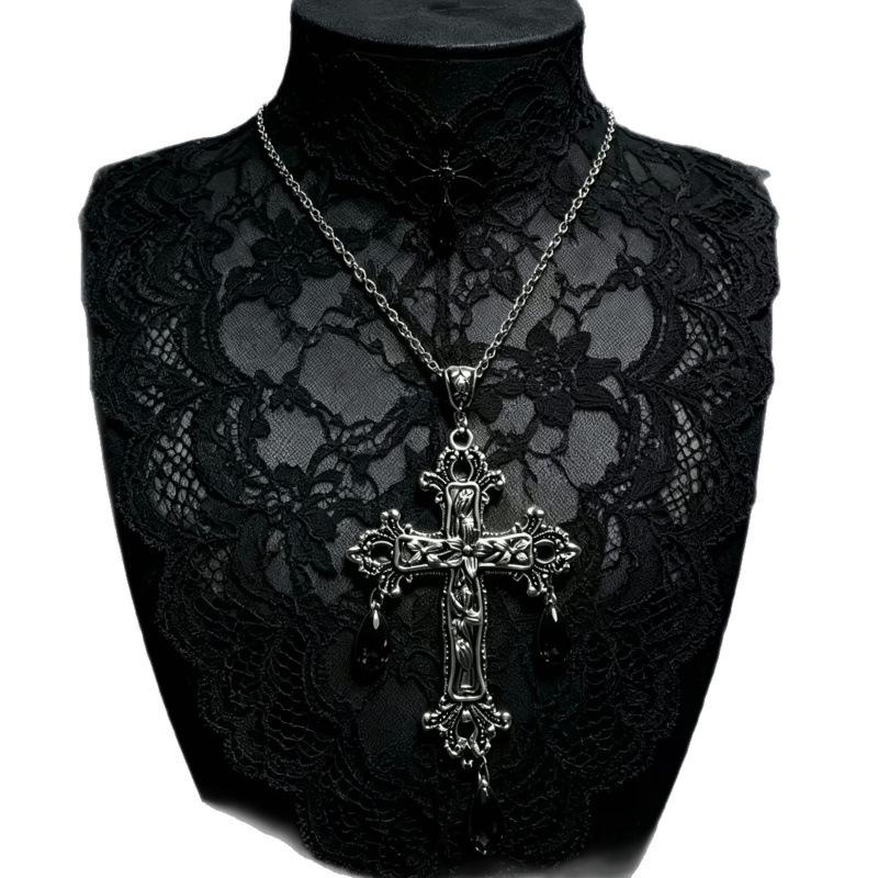 Gothic Y2K Spicy Girl Dark Cross Thorn Necklace - Harajuku Hip Hop Retro Streetwear Sweater Chain