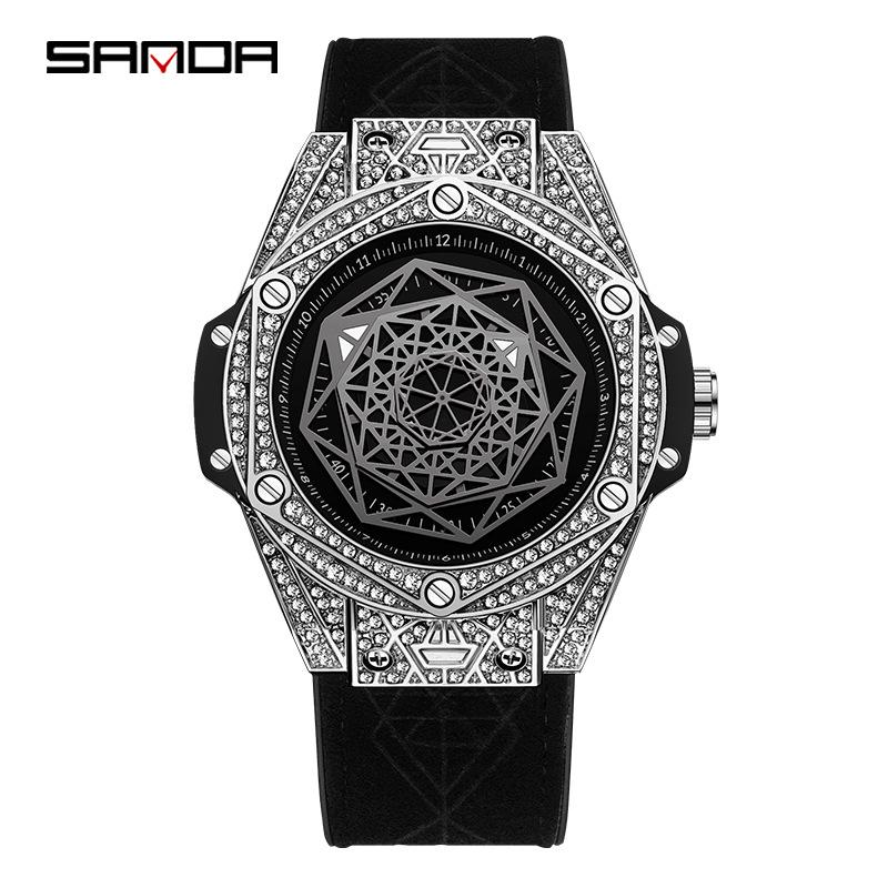 Sanda 7033 Quartz Men s Watch: Luminous, Waterproof, Leather Strap, Rhinestone Details.