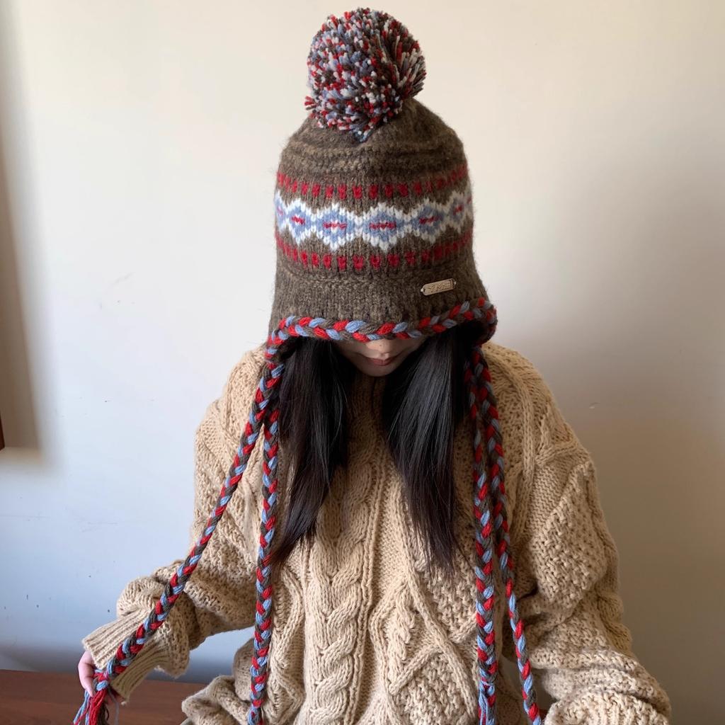 Fair Island Jacquard Knitted Hat Women's Fleece Thickened Autumn and Winter Retro Trendy Lace-Up Braid Warm Flight Hat