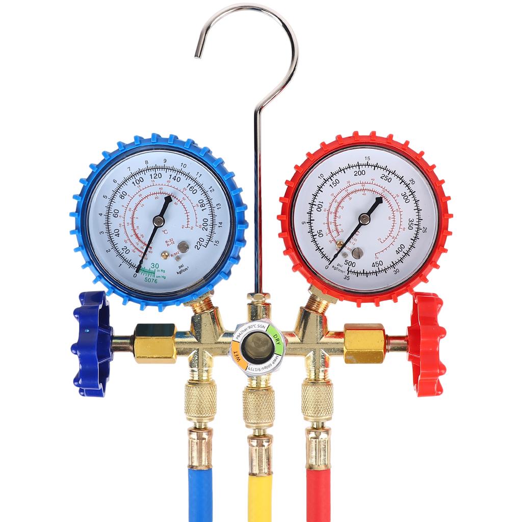 3 Way AC Manifold Gauge Set for R134A, R410A, R404A Refrigerants, with Quick Couplers, 410 Adapter, Puncturing Can Tap,