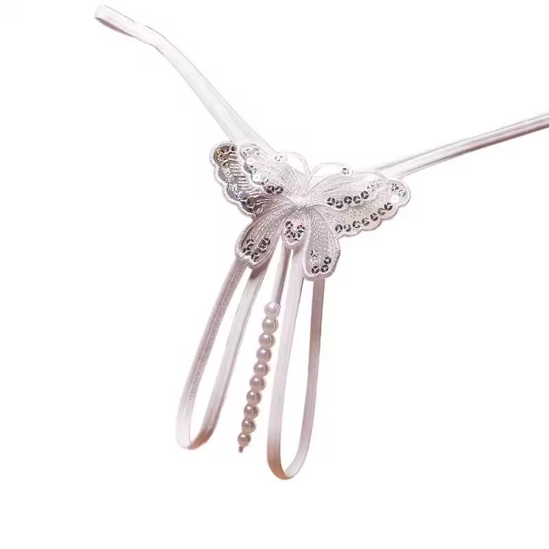 Embroidery Black Butterfly G-String Lace with Pearl Thongs T Back Temptation Open Crotch Panties for Women Sexy Erotic Costume