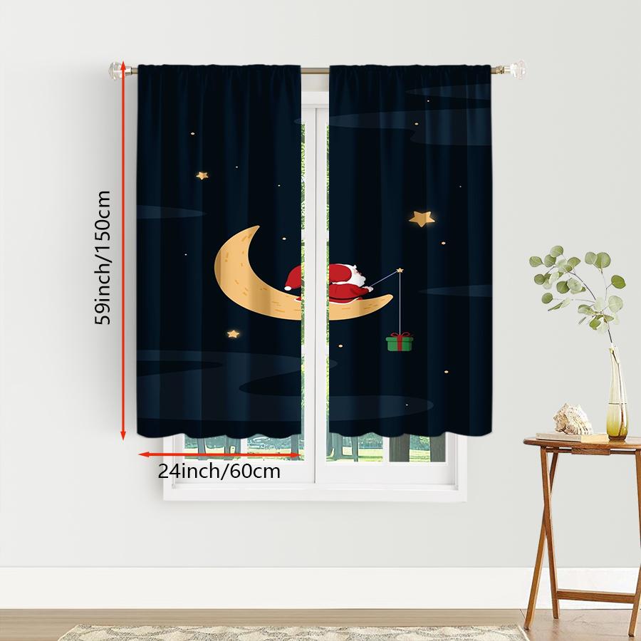 2PCS Digital Print Curtains, Dark Blue Night Sky Moon Santa Claus Fishing Gift Stars, Cute Minimal Cartoon Style - Christmas Hol
