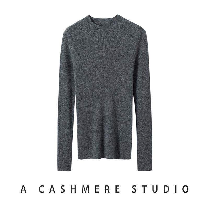 Women's Striped Slim-Fit Cashmere Knit Half-High Neck Top for Fall/Winter