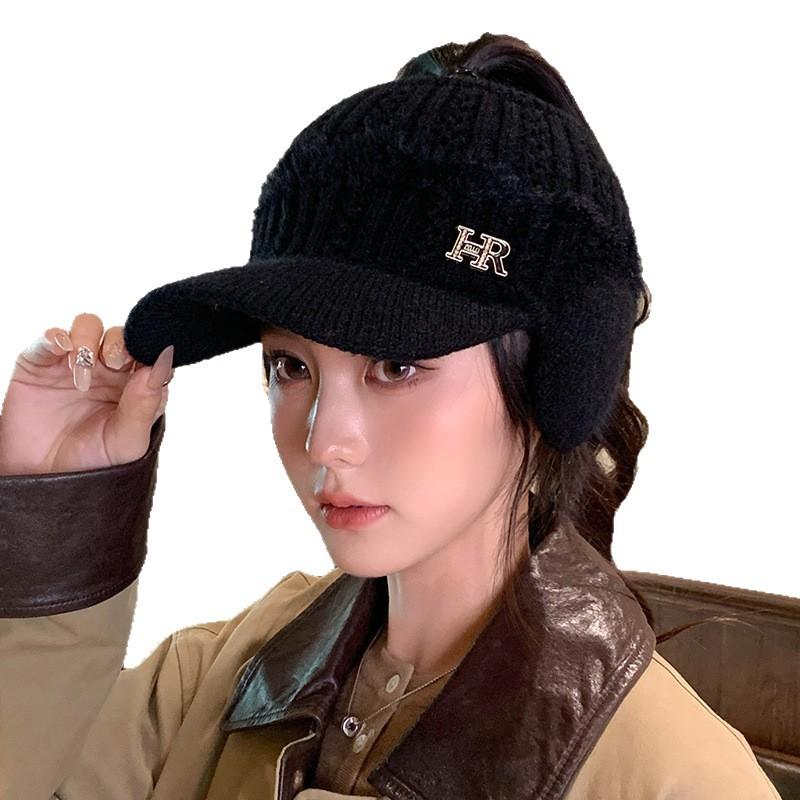 Versatile Knitted Empty Top Hat Korean Letter Plus Velvet Hat for Women's Outdoor Cycling Windproof and Warm Ear Protection Hat