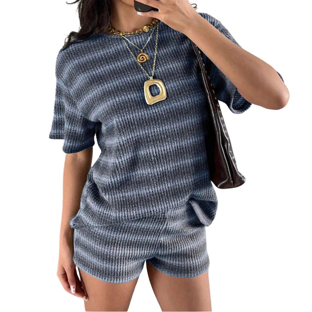 Womens Casual Two Piece Set Short Sleeve Top and Shorts Knitted Lounge Wear Soft Fabric Comfortable Fit