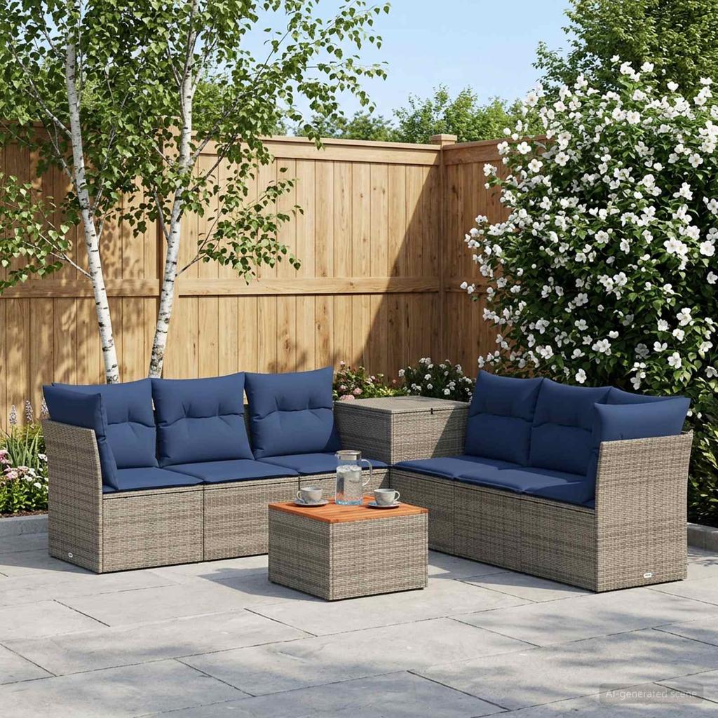 Sofa Set 8 Pieces Grey and Navy Blue Poly Rattan and Steel
