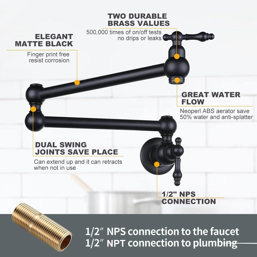 Rubinetto Cucina Monocomando a Parete in Ottone di Lusso per Riempimento Pentole, Flessibile, Rotazione 720°, Risparmio Idrico, Rubinetto Freddo