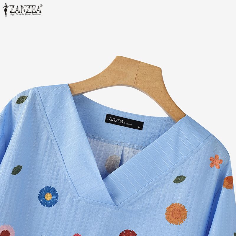 ZANZEA Women Casual V-Neck 3/4 Sleeve Loose Floral Print Blouse