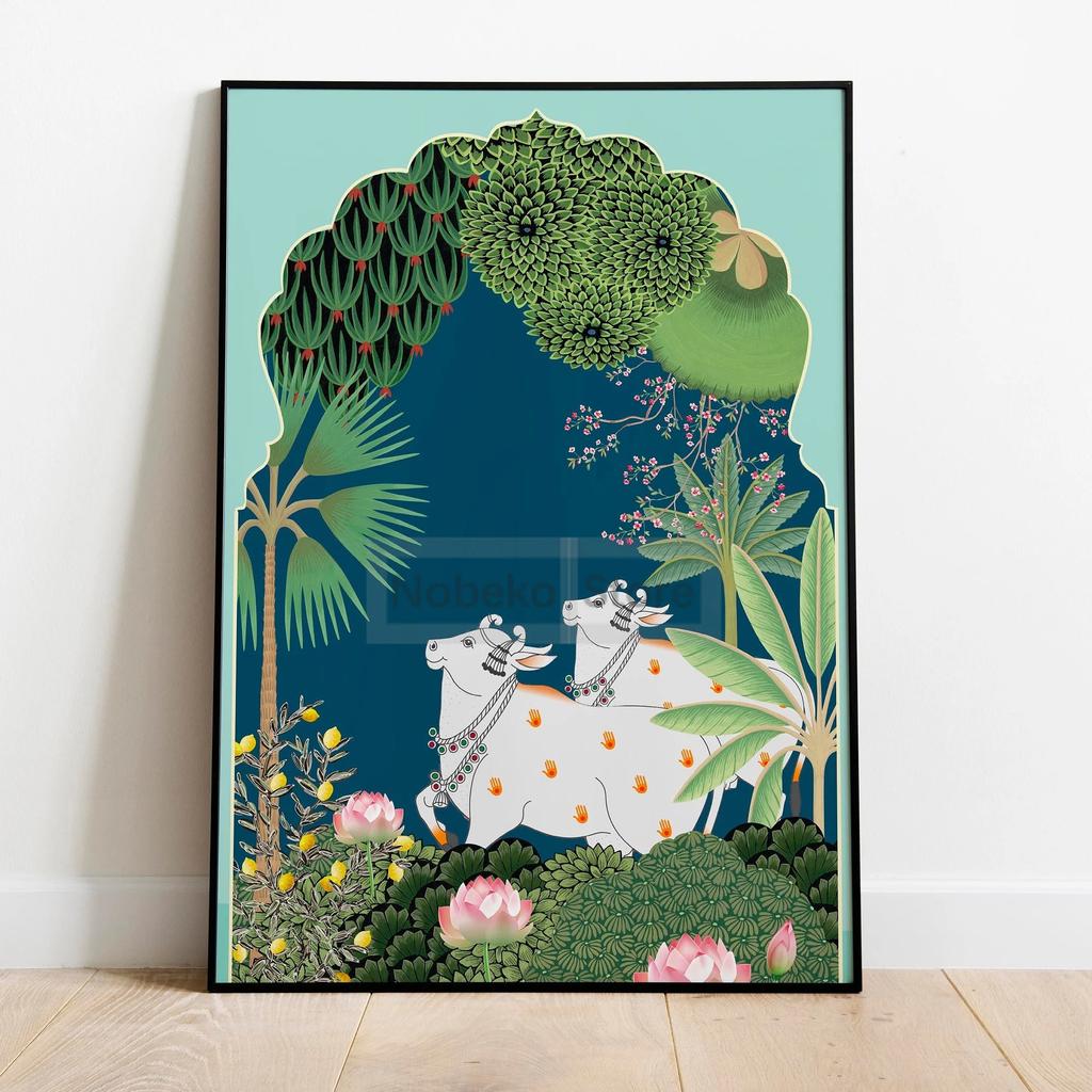 Indian Folk Art Cow Prints Indian Vintage Printables Pichwai Painting Wall Art Posters Canvas Pictures Living Home Room Decor