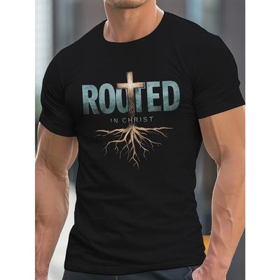 Europäische Größen Übergröße Herren Christliches Glaubens-T-Shirt - GEWURZELT In Christus Baum des Lebens & Kreuz Grafikdruck, Große Größen, Lässiger Rundhalsausschnitt