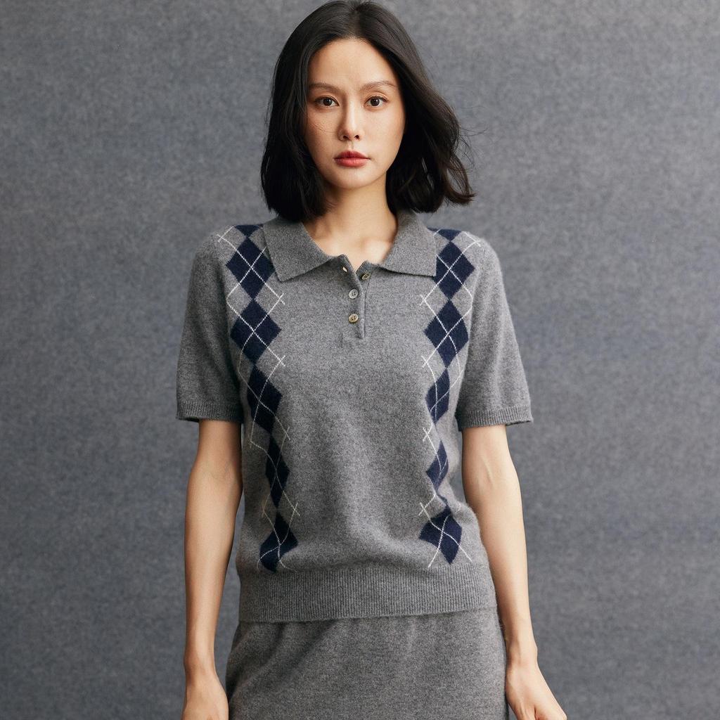 Cardigan en tricot cachemire pour femme à col polo diamant anti-âge