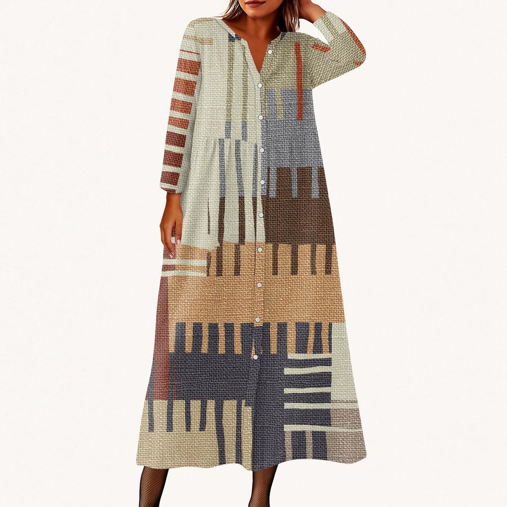 Dámské módní tištěné kulaté sedmiminutové rukávy knoflíkové volné košilové šaty