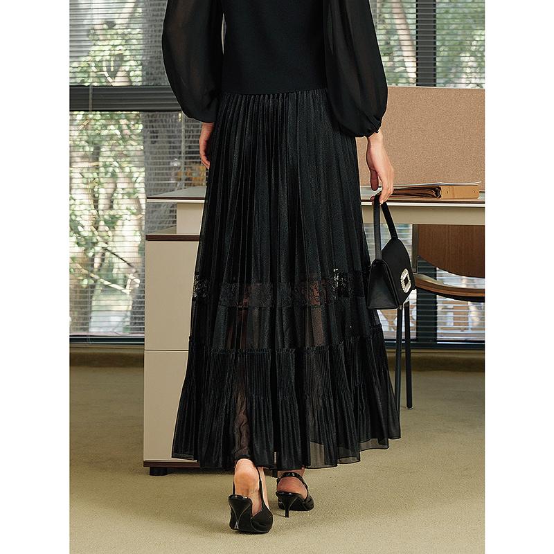 JZ Jiuzi Shopping Mall Same Elegant Light Mature Mesh Lace Splicing Folded Half Length Skirt for Women 2025 Spring New Style