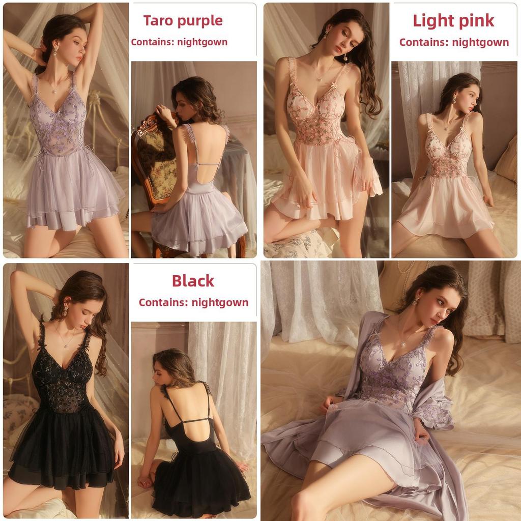 Satin Nightwear For Women With Deep V Neck And Floral Embroidery Design For Lounge And Sleep
