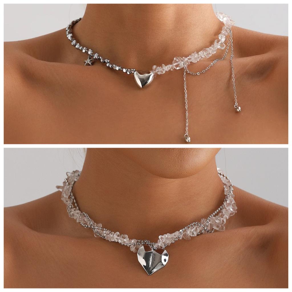 Y2K Heart Beaded Necklace Women Boho Irregular Crystal Class Gravel Clavicle Chain Cool Y2K Choker Exquisite Fashion Jewelry