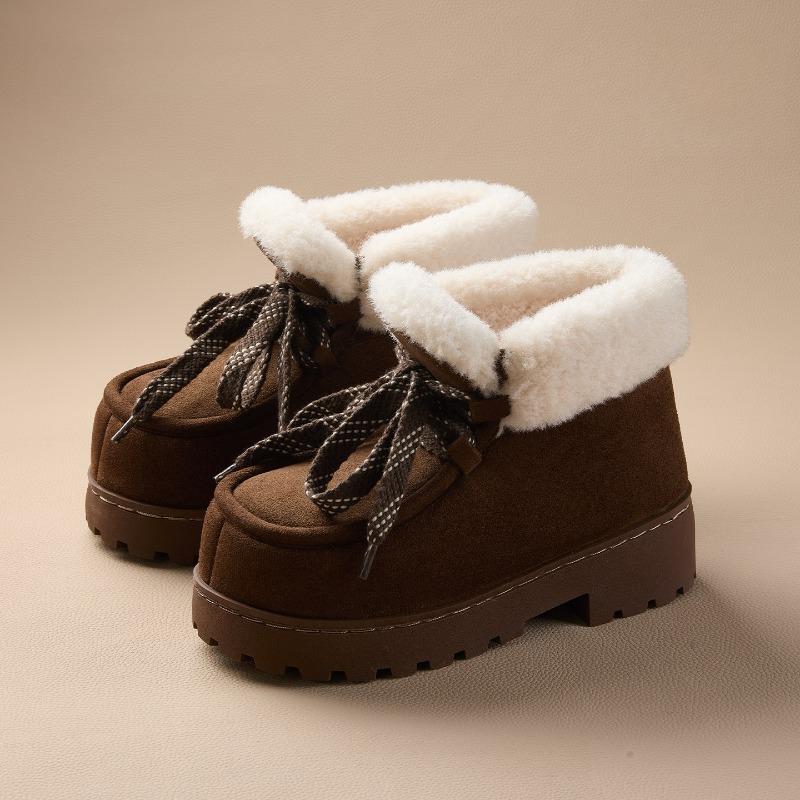 Fashion Winter Warm Fluffy Lace Up Ankle Boots for Women Retro Brown Faux Suede Platform Boots Comfort Anti Slip Chunky Heel Snow Boots