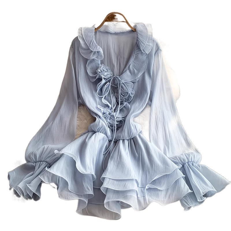 3D Floral Beach Short Dress Female Long Sleeves Lace Up Ruffle Chiffon Cake Sundress Sheer Sexy Vintage Bohemian Dress