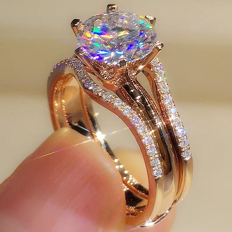 2025 Aesthetic Female Rose Gold Color Ring Brilliant Zirconia Jewelry for Wedding Ceremony Delicate Design Accessories Gift