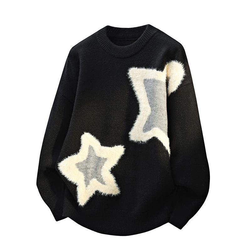 

Men s Star Jacquard Round Neck Loose Knit Cardigan, Plus Size, Winter 2025 Collection XXXL чорний