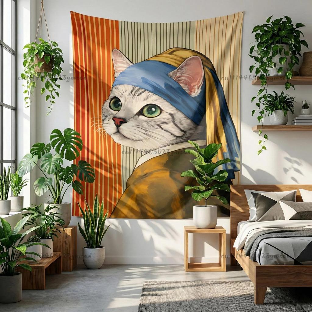 Funny Tapestry Whimsical Cat With a Pearl Earring Fun Tapestries Living Room Sofa Background Cloth Masterpiece Parody Home Decor