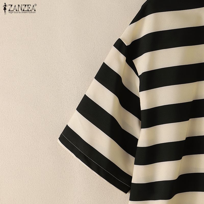 ZANZEA Women Turtleneck Loose Casual Half Sleeve Stripe Blouse