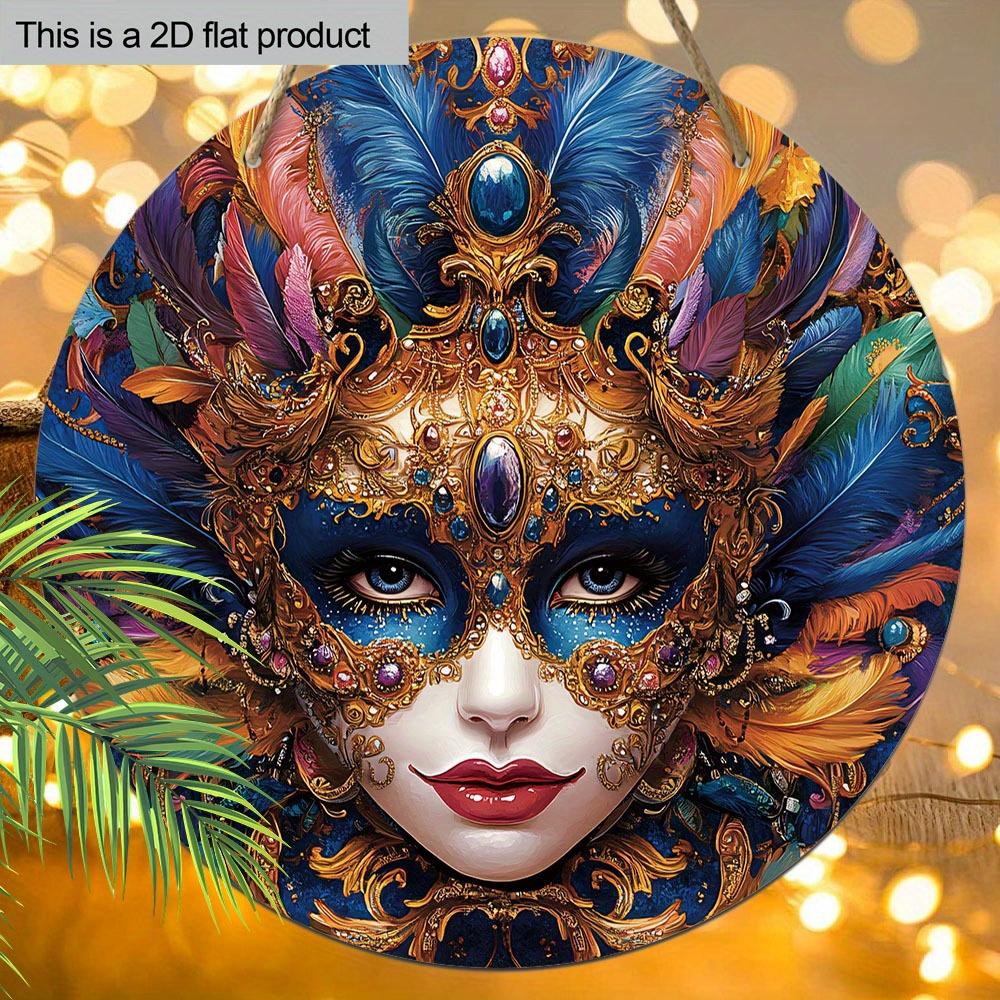 Carnival Mask Theme Round Wooden Sign, Home Wall Craft Decoration, Wooden Holiday Statue Decoration for Home, Office, Party Ideal for Mardi Gras Gifts