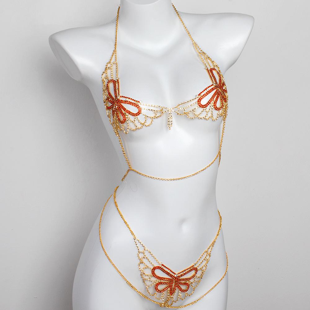 

Glamorous Red Rhinestone Butterfly Body Chain for Nightclub and Beach Panties золотой