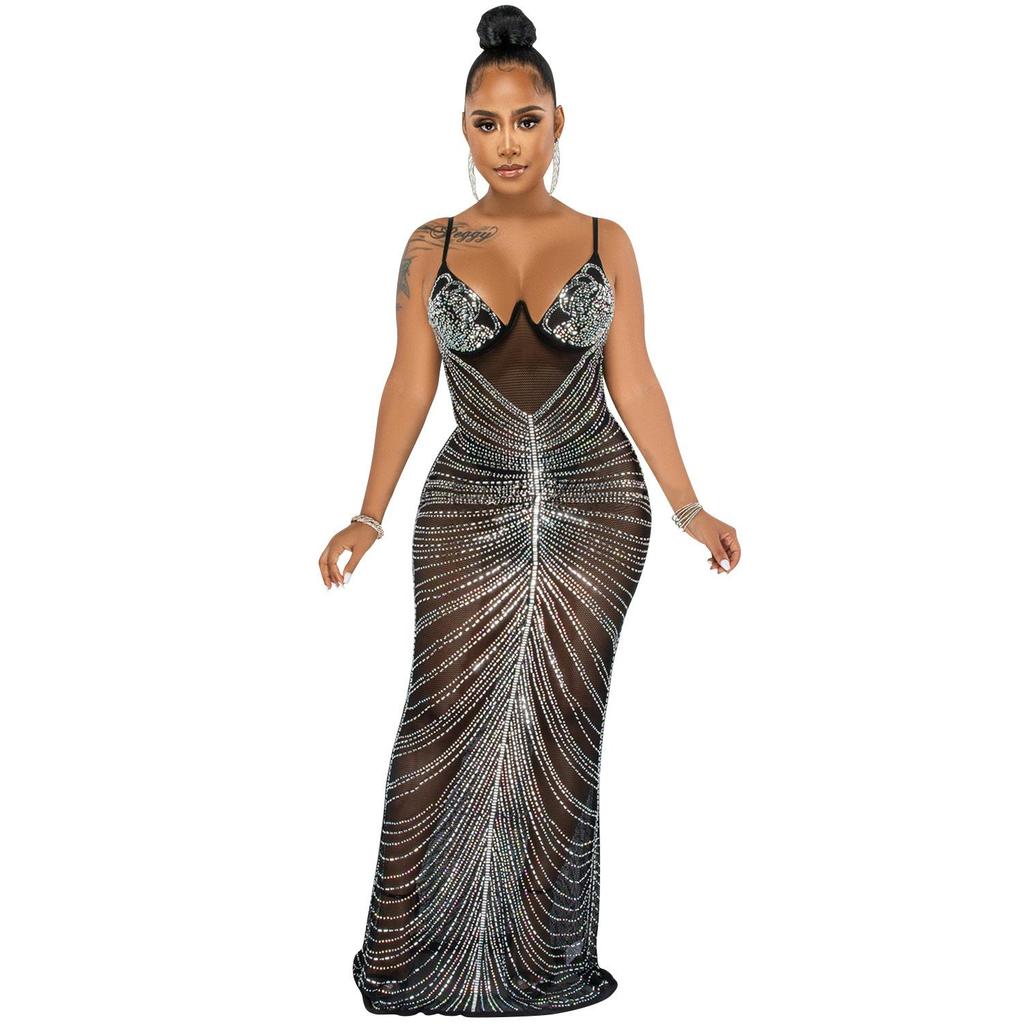 Rhinestone Mesh See-Through Camisole Bustier Long Dress