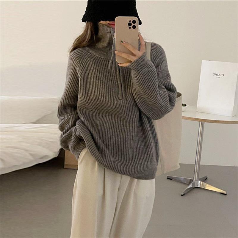 Autumn and Winter Women's Pit Stripes Half-zipper Sweater Design Sense of Stand-up Collar Soft Loose Lazy Wind Outside The Wear Sweater Tops