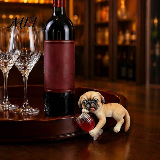 Resin Animal Ornament Lying Pug Statue for Planter, Dog Figurine with Red Wine Funny Pet Glass, Cute Flower Pot Edge Decoration Creative Planter Decor