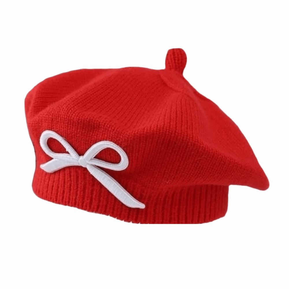 Soft Children Knitted Beret Elastic Beanie Cap Stylish Bow Embroidery Painter Hat  Gift