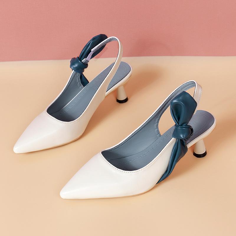 Fashion Temperament Pointed Toe High Heels 2024 Summer New Soft Sheepskin Shallow Mouth Bow Word with Stiletto Sandals Women