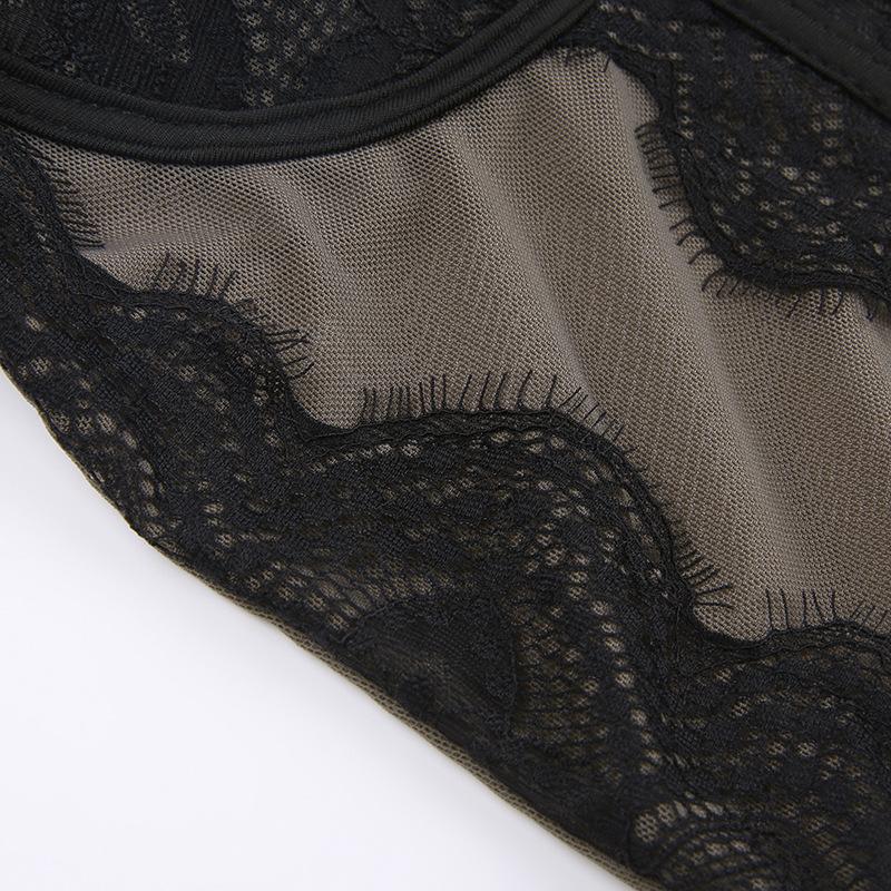 Frauen Spitze Mesh Mesh Spleißen Fisch Knochen Schlank Kleine Weste Freigelegtes Schlüsselbein mit Brust Pad Perspektive Hosenträger Tops